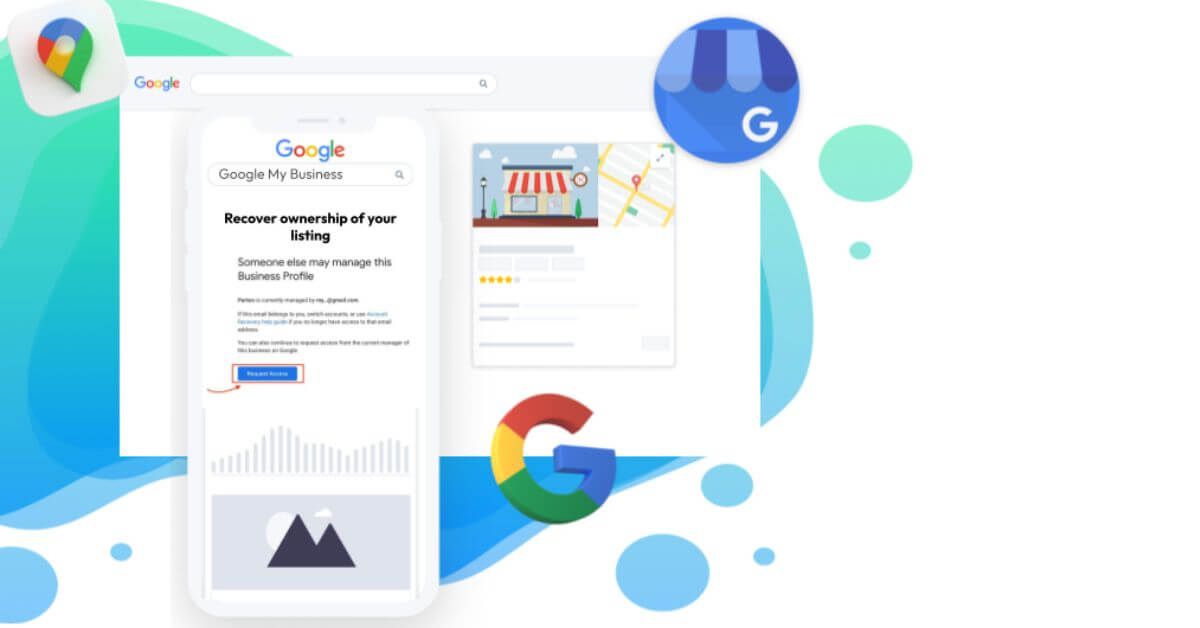 Google My Business interface displayed on phone and computer screen, with Google logo and location icons.