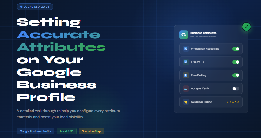 Setting accurate attributes on a Google Business Profile. Blue and green graphics with attributes highlighted.