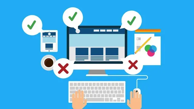 Website design process with check marks, a monitor, and hands using a keyboard and mouse.