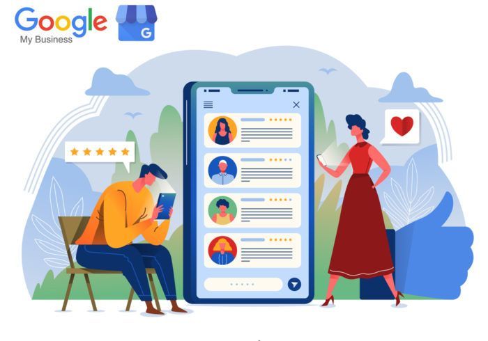 Google My Business illustration: People reviewing business profiles on a smartphone, with reviews, stars, and a thumbs up.