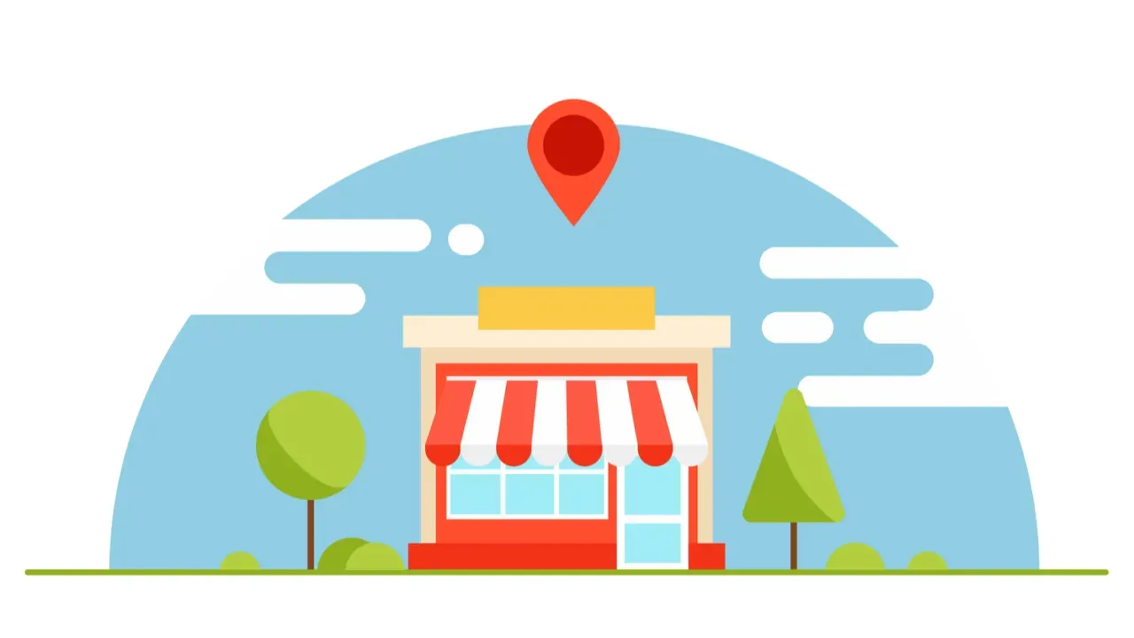 Red shop with striped awning and location marker.