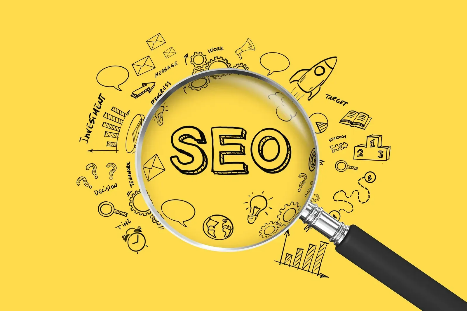 A magnifying glass is looking at the word seo on a yellow background.