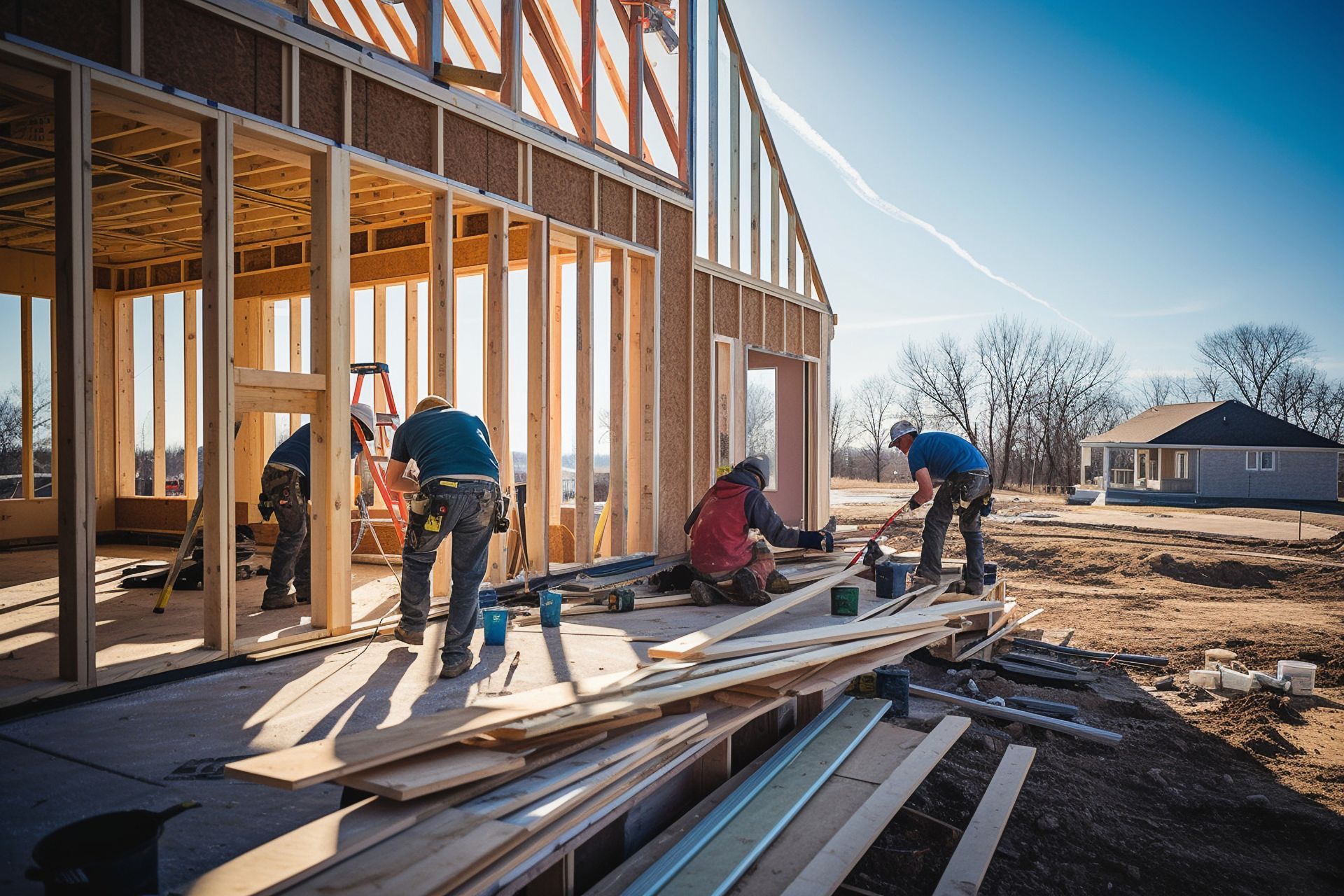 A group of construction workers are working on a house under construction.