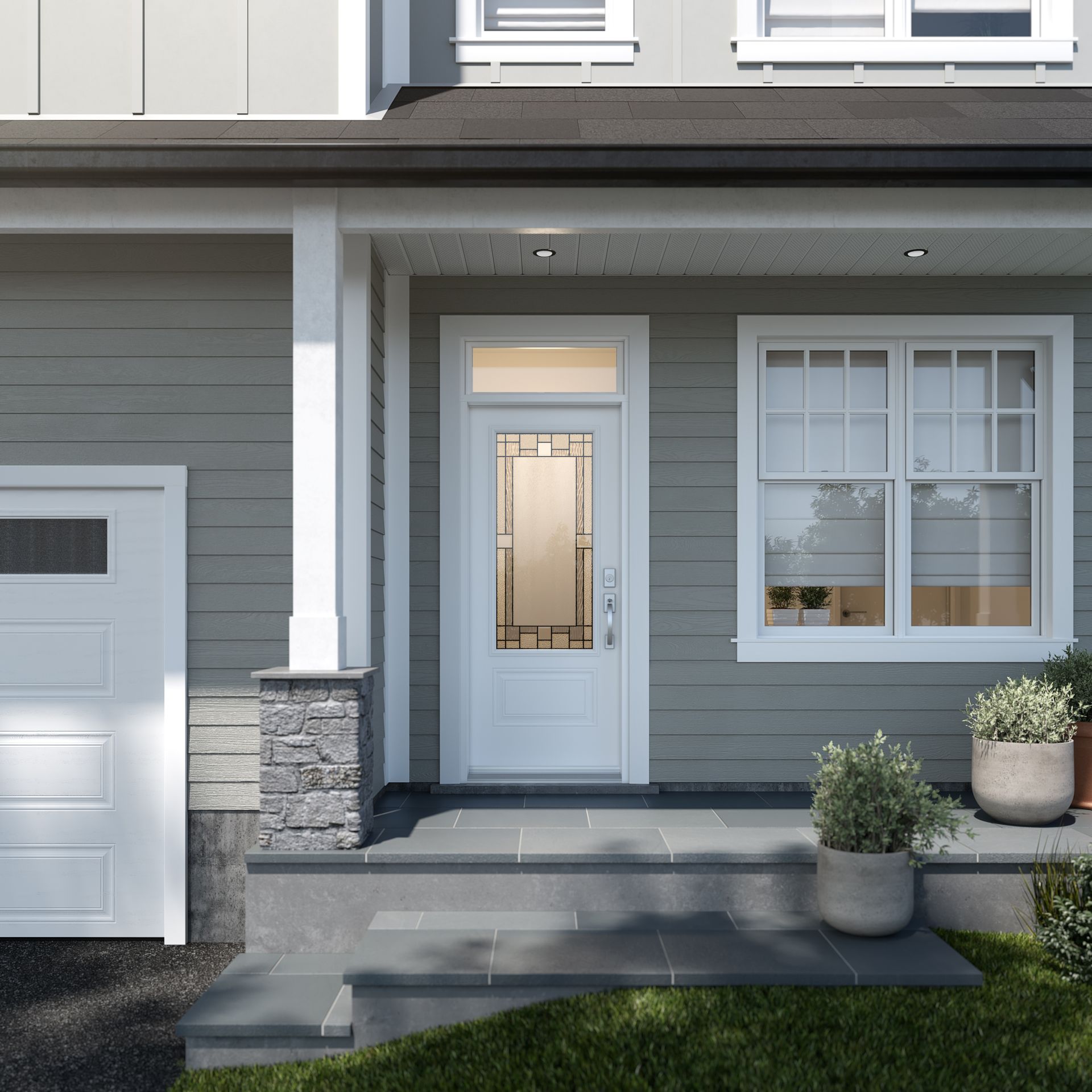 White front door with glass panels, flanked by a garage door, window, and potted plants, on a gray house with porch steps.