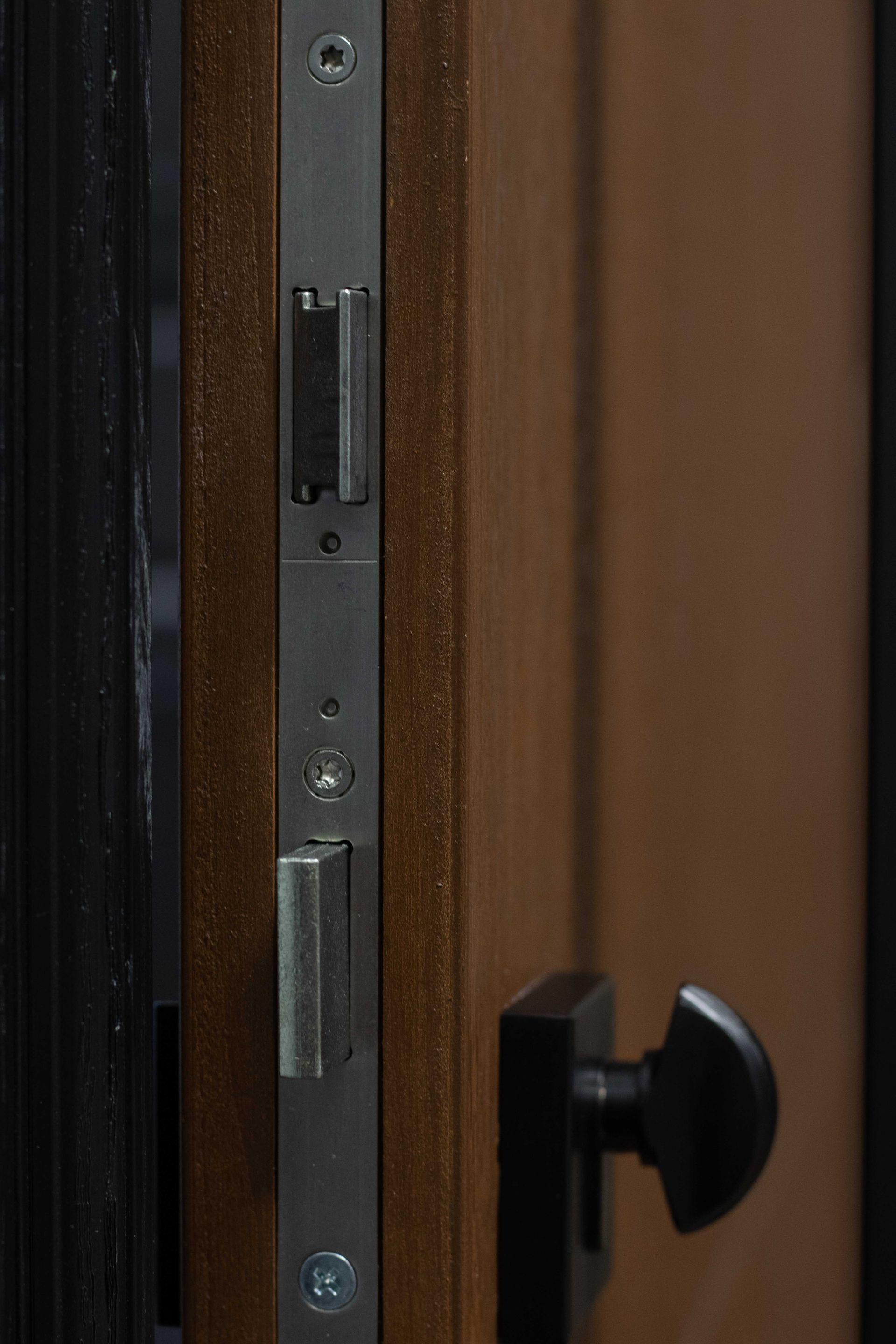 Close-up of a door lock with a metal plate on a wooden door. A black knob is on the right.