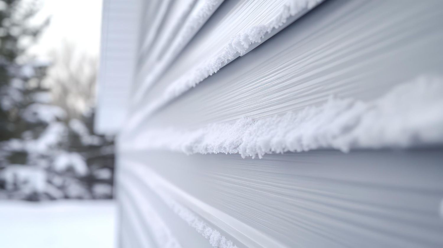 Snow-covered light blue siding on a house, close-up with a blurred snowy background of trees.