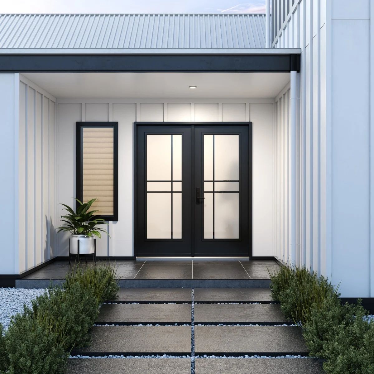 A white house with black doors and windows