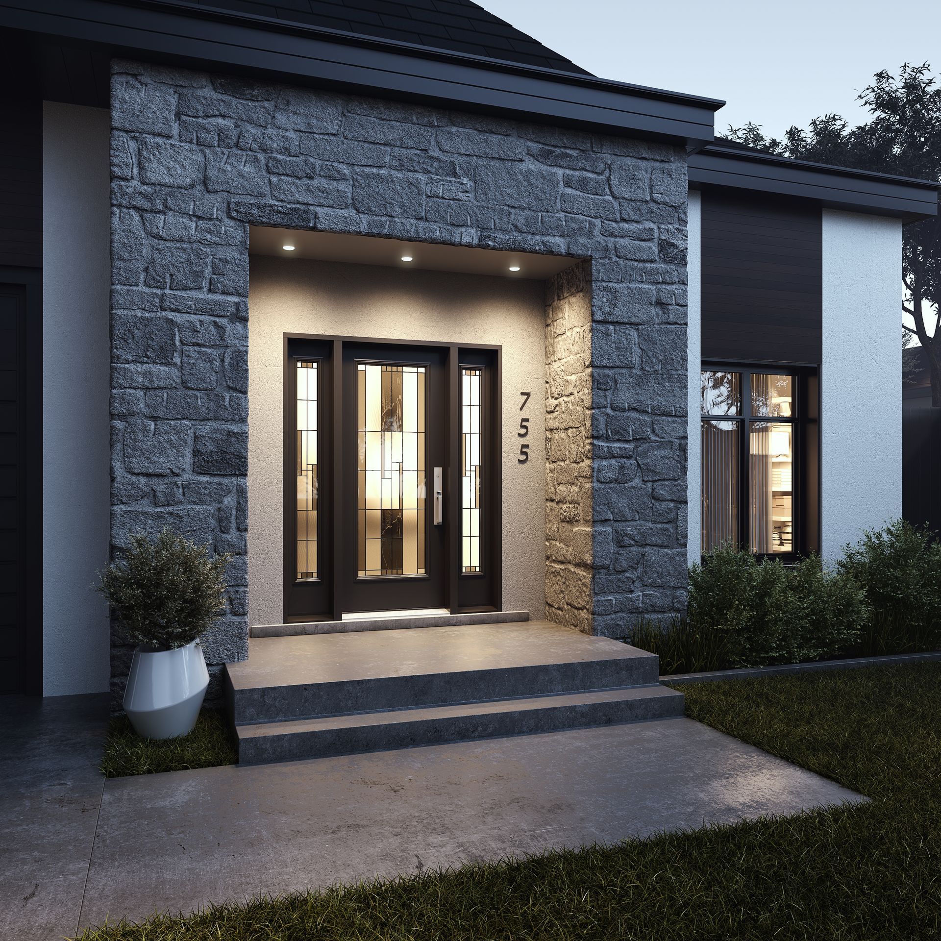 A house with a black door and a stone wall