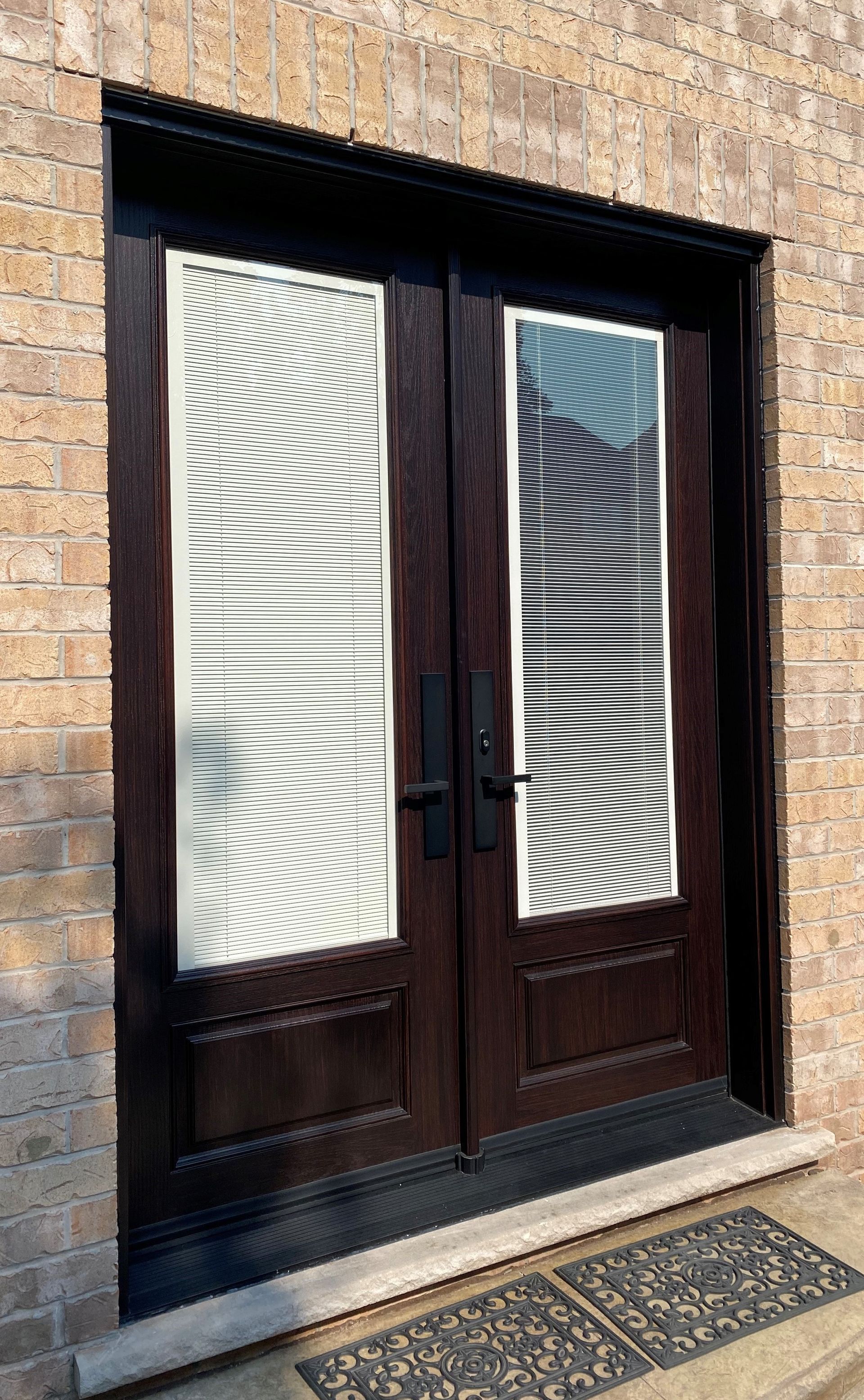 A pair of double doors with a zebra print on them are on a brick wall.