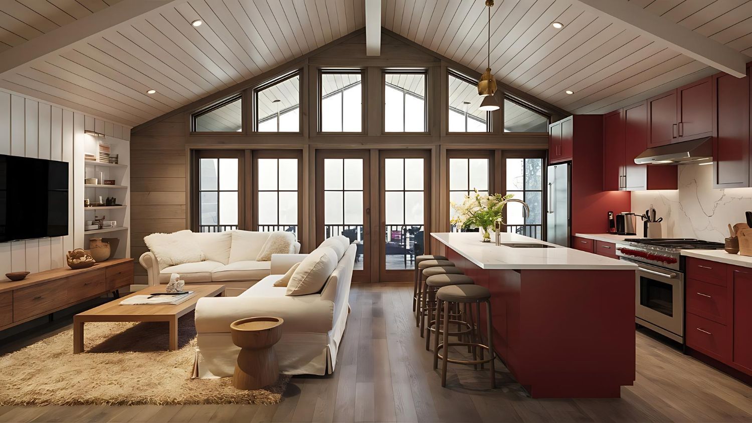 Cozy cabin living room with white sofas, red kitchen, and large windows.