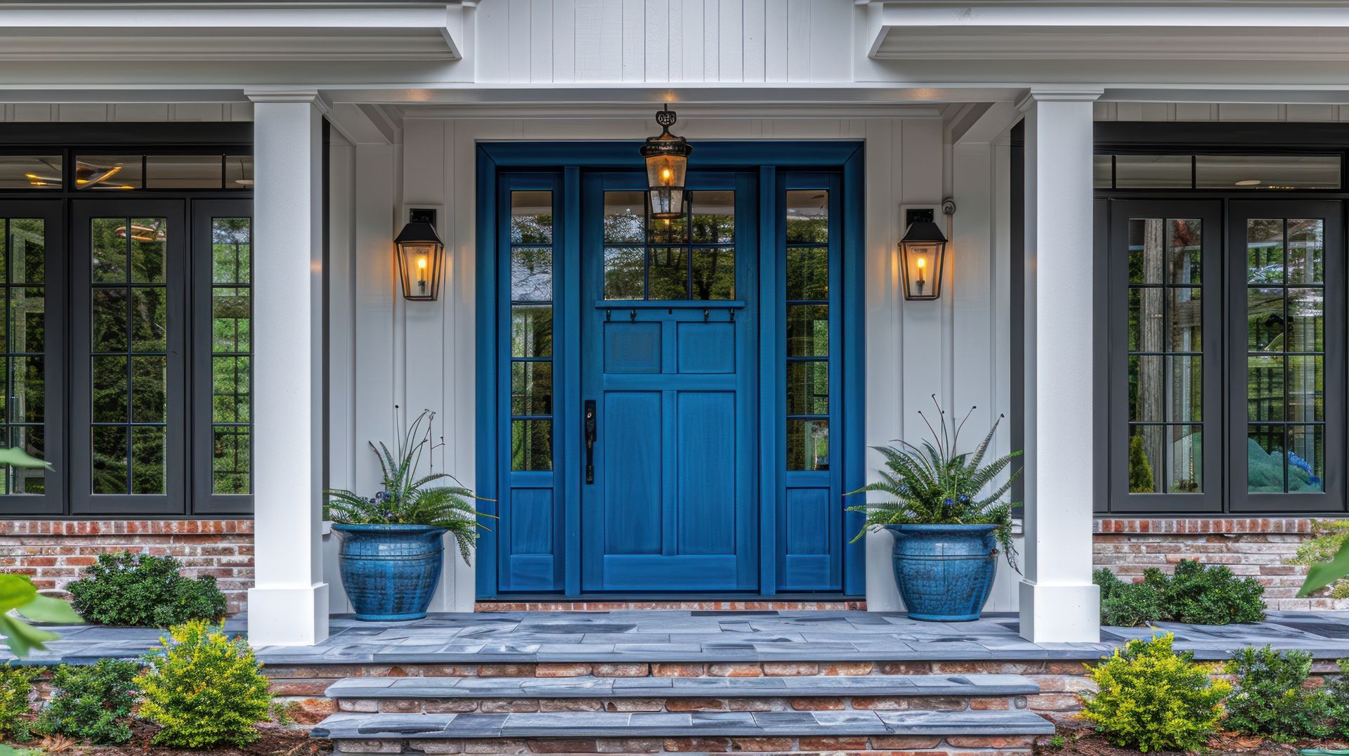 A front porch with a blue door, white columns, dark window frames, and potted plants on a stone step entrance.