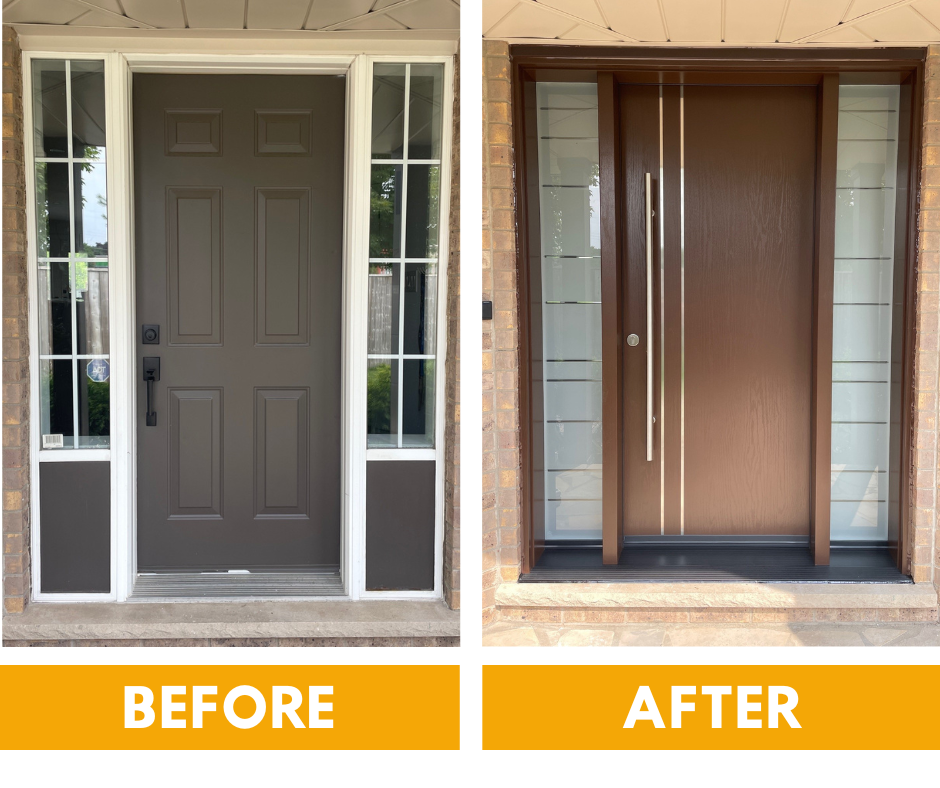 Before and after comparison of a home entryway, showing a traditional panel door replaced by a modern, flat-panel design.