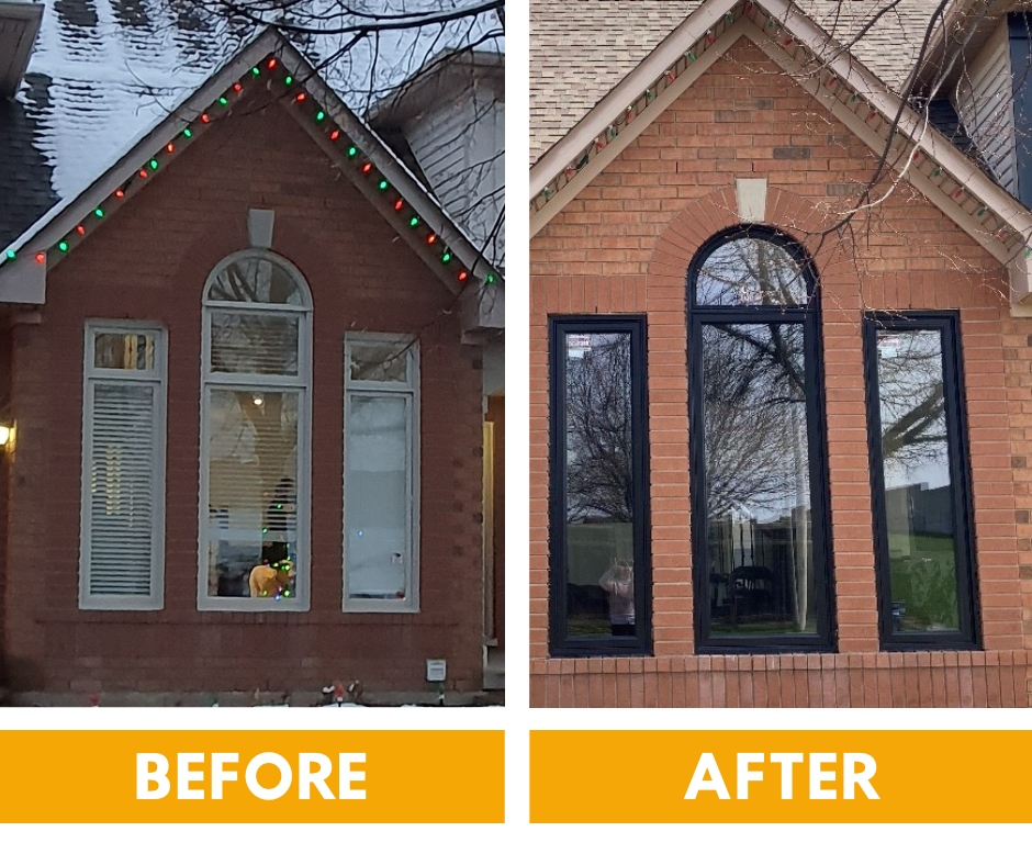 Before and after comparison of a home entryway, showing a traditional panel door replaced by a modern, flat-panel design.