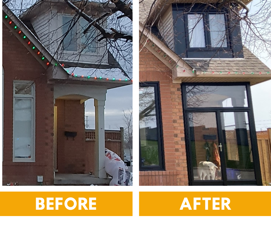 Before and after comparison of a home entryway, showing a traditional panel door replaced by a modern, flat-panel design.