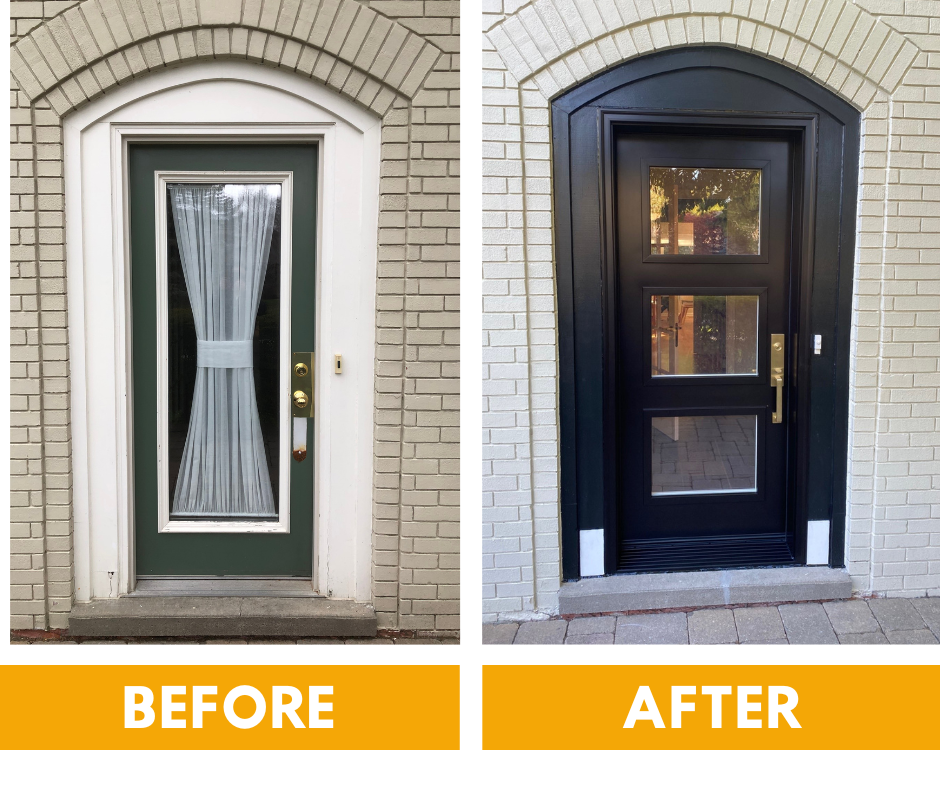 Before and after comparison of a home entryway, showing a traditional panel door replaced by a modern, flat-panel design.
