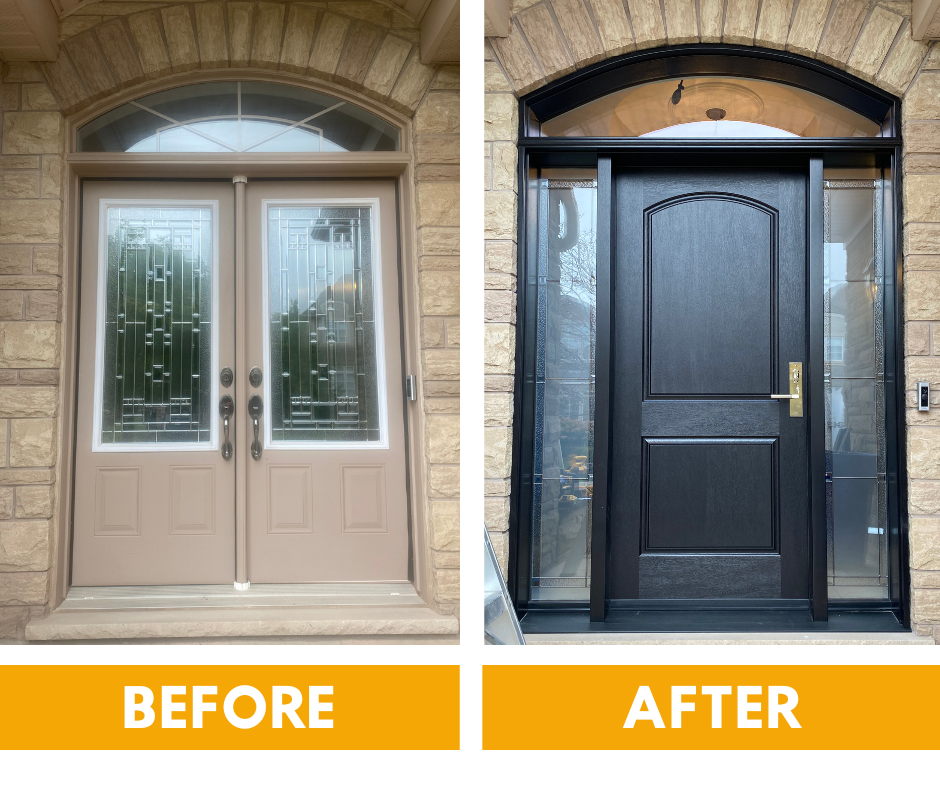 Before and after comparison of a home entryway, showing a traditional panel door replaced by a modern, flat-panel design.