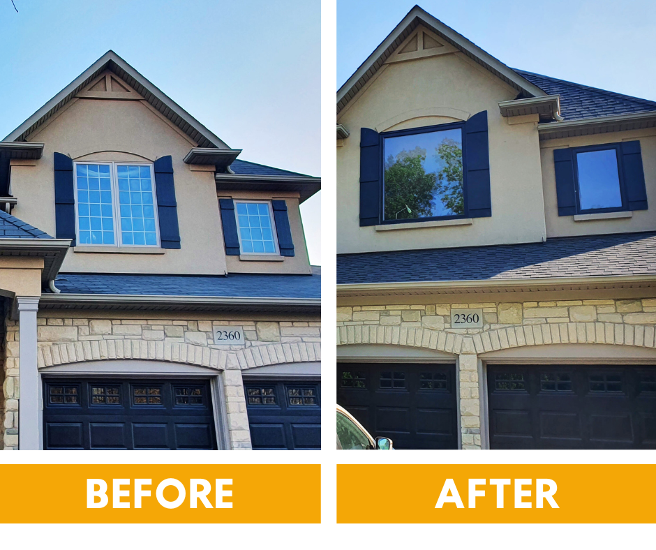 Before and after comparison of a home entryway, showing a traditional panel door replaced by a modern, flat-panel design.
