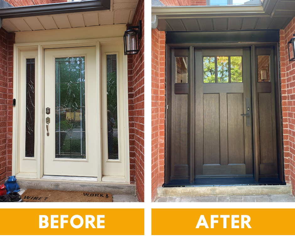 Before and after comparison of a home entryway, showing a traditional panel door replaced by a modern, flat-panel design.
