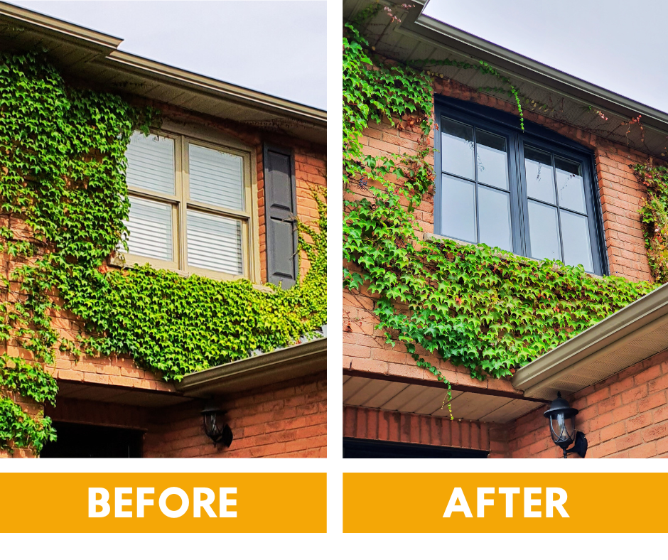 Before and after comparison of a home entryway, showing a traditional panel door replaced by a modern, flat-panel design.