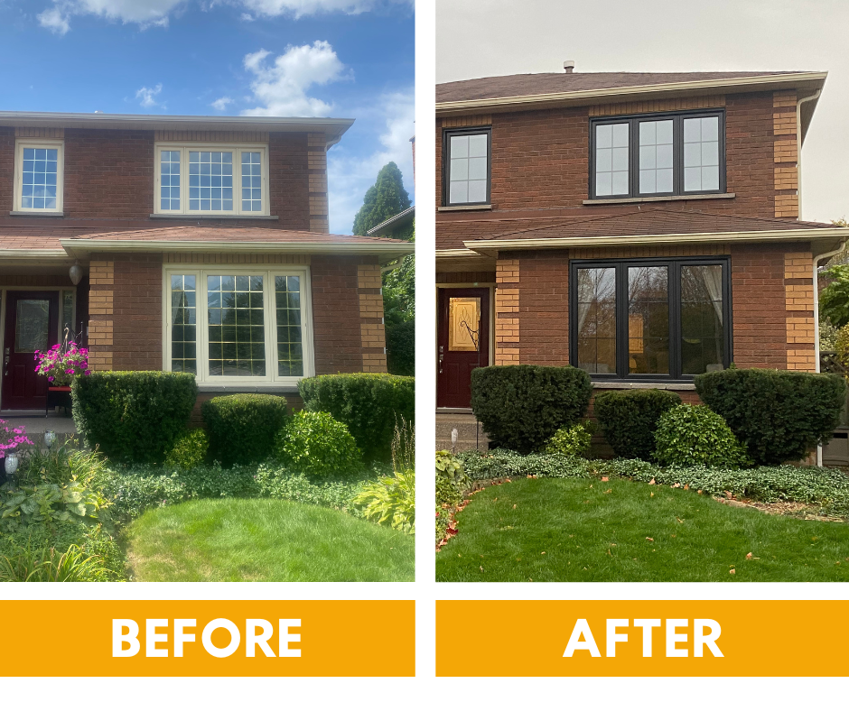 Before and after comparison of a home entryway, showing a traditional panel door replaced by a modern, flat-panel design.