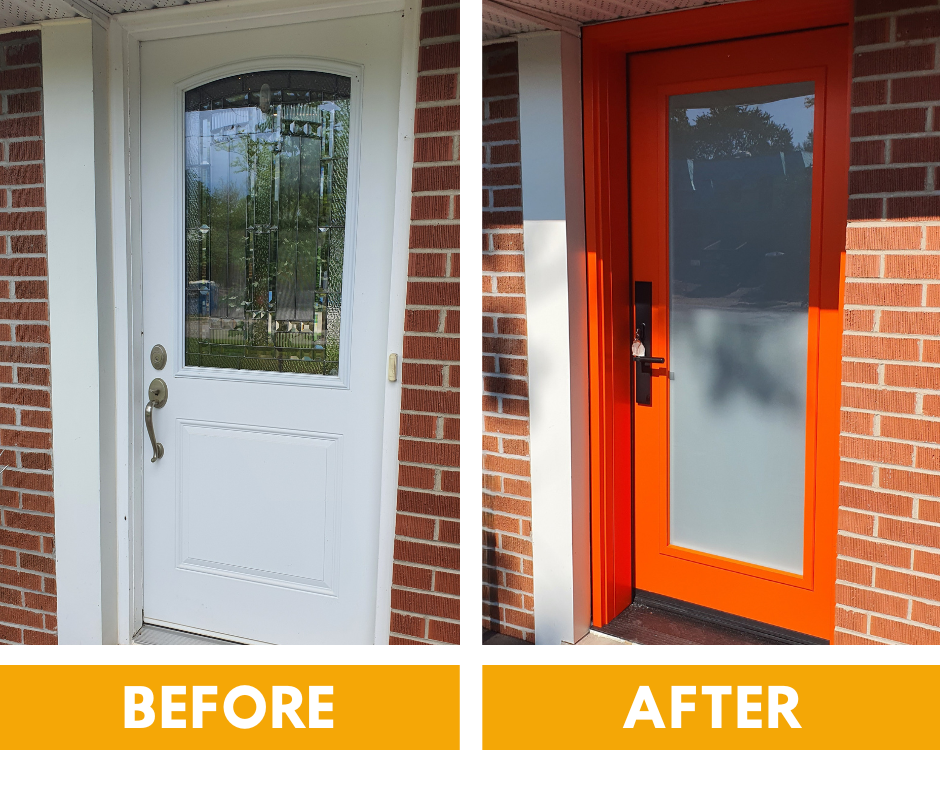 Before and after comparison of a home entryway, showing a traditional panel door replaced by a modern, flat-panel design.