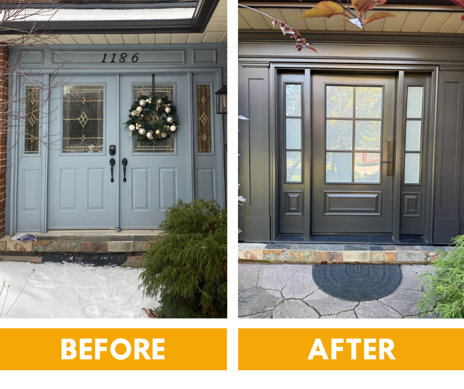 Before and after comparison of a home entryway, showing a traditional panel door replaced by a modern, flat-panel design.