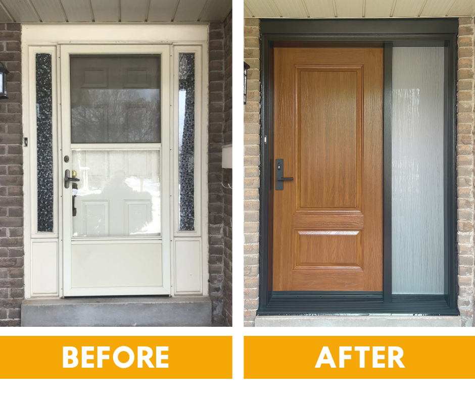 Before and after comparison of a home entryway, showing a traditional panel door replaced by a modern, flat-panel design.