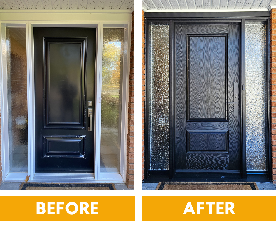 Before and after comparison of a home entryway, showing a traditional panel door replaced by a modern, flat-panel design.