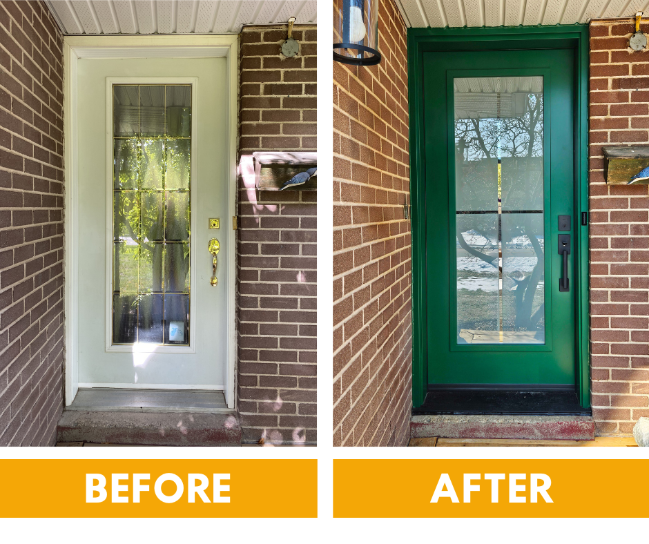 Before and after comparison of a home entryway, showing a traditional panel door replaced by a modern, flat-panel design.