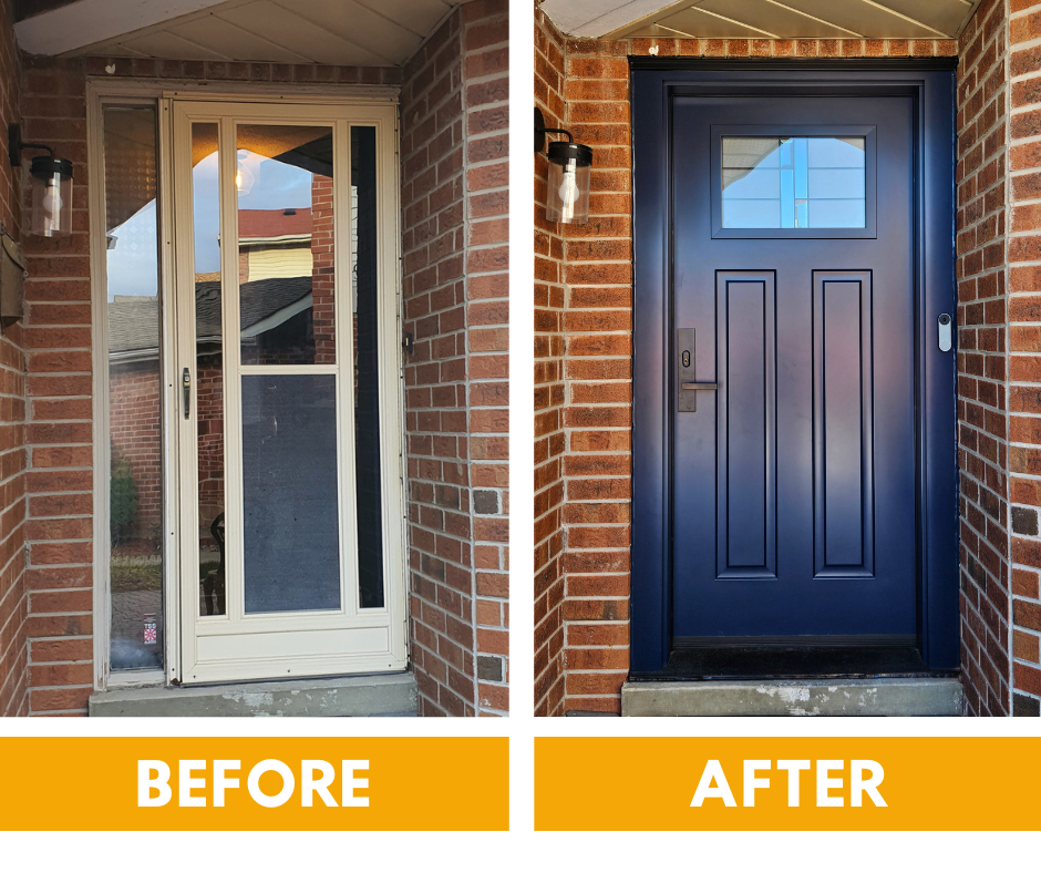 Before and after comparison of a home entryway, showing a traditional panel door replaced by a modern, flat-panel design.