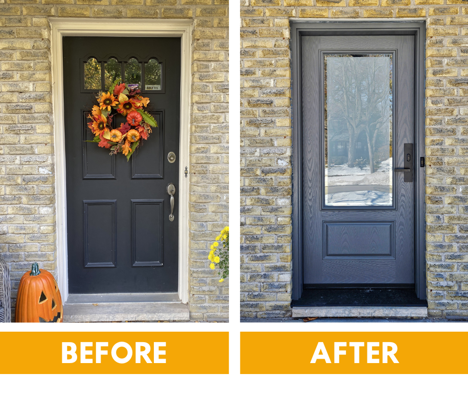 Before and after comparison of a home entryway, showing a traditional panel door replaced by a modern, flat-panel design.