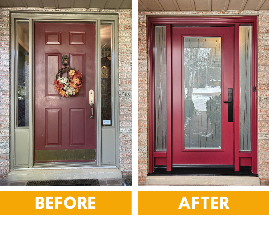 Before and after comparison of a home entryway, showing a traditional panel door replaced by a modern, flat-panel design.