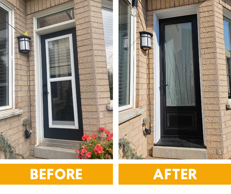Before and after comparison of a home entryway, showing a traditional panel door replaced by a modern, flat-panel design.