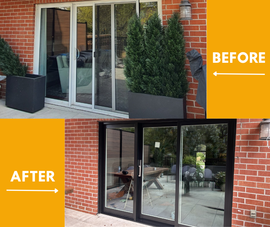 Before and after comparison of a home entryway, showing a traditional panel door replaced by a modern, flat-panel design.