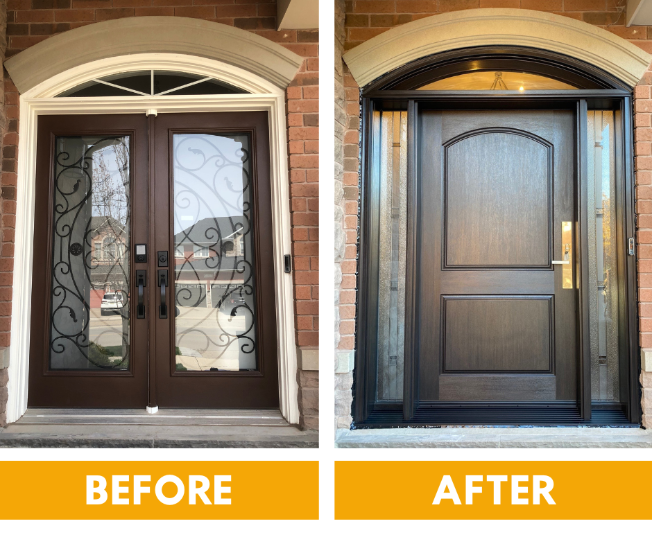 Before and after comparison of a home entryway, showing a traditional panel door replaced by a modern, flat-panel design.