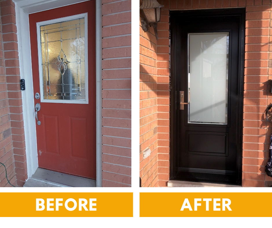 Before and after comparison of a home entryway, showing a traditional panel door replaced by a modern, flat-panel design.