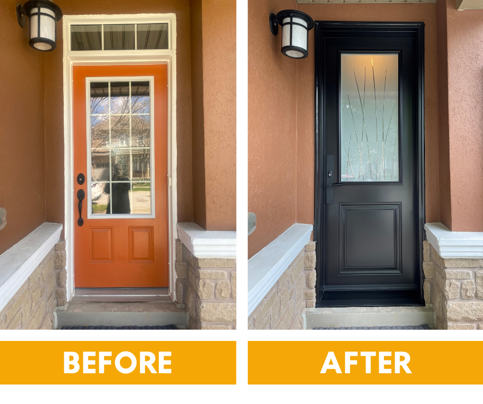 Before and after comparison of a home entryway, showing a traditional panel door replaced by a modern, flat-panel design.