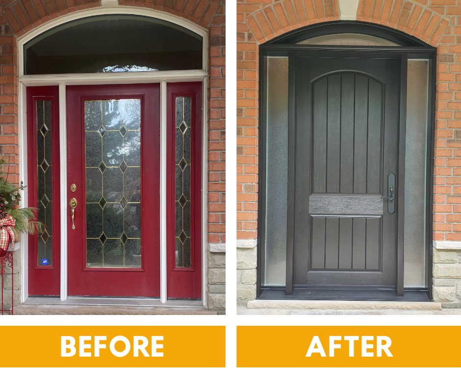 Before and after comparison of a home entryway, showing a traditional panel door replaced by a modern, flat-panel design.