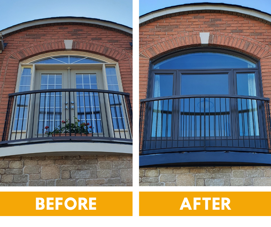 Before and after comparison of a home entryway, showing a traditional panel door replaced by a modern, flat-panel design.