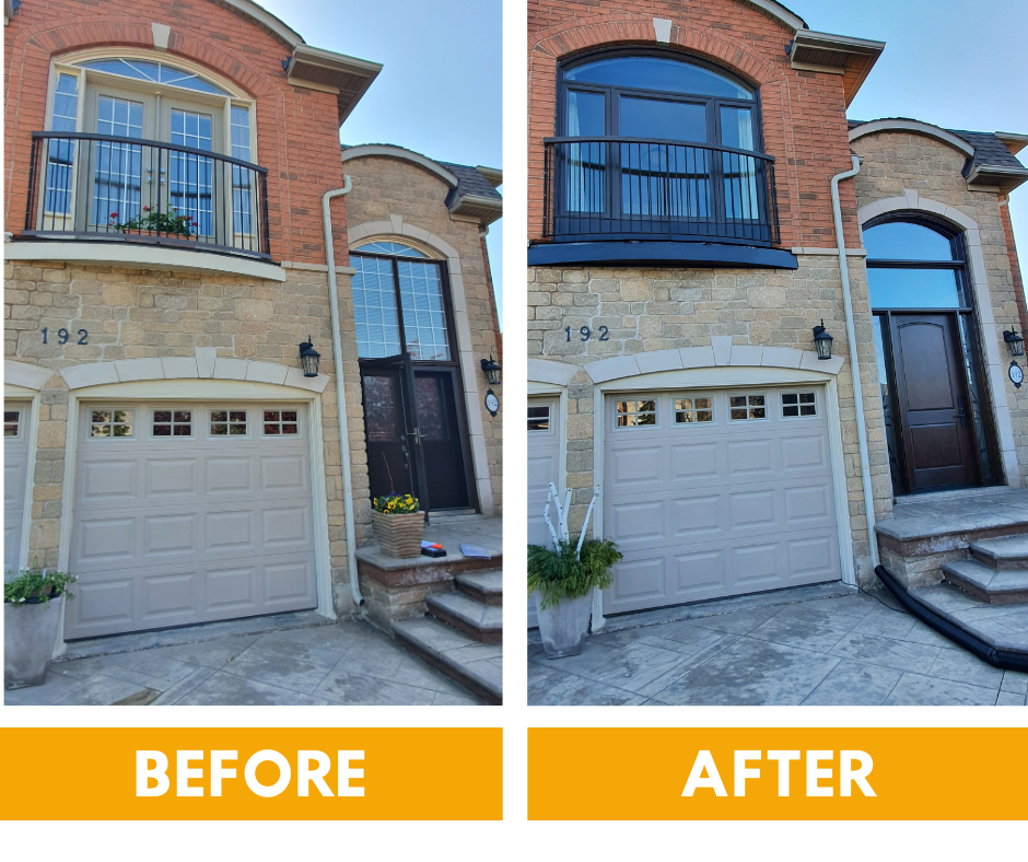 Before and after comparison of a home entryway, showing a traditional panel door replaced by a modern, flat-panel design.