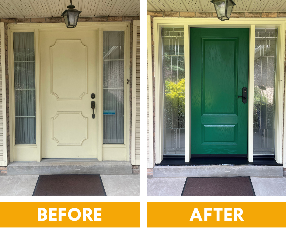 Before and after comparison of a home entryway, showing a traditional panel door replaced by a modern, flat-panel design.