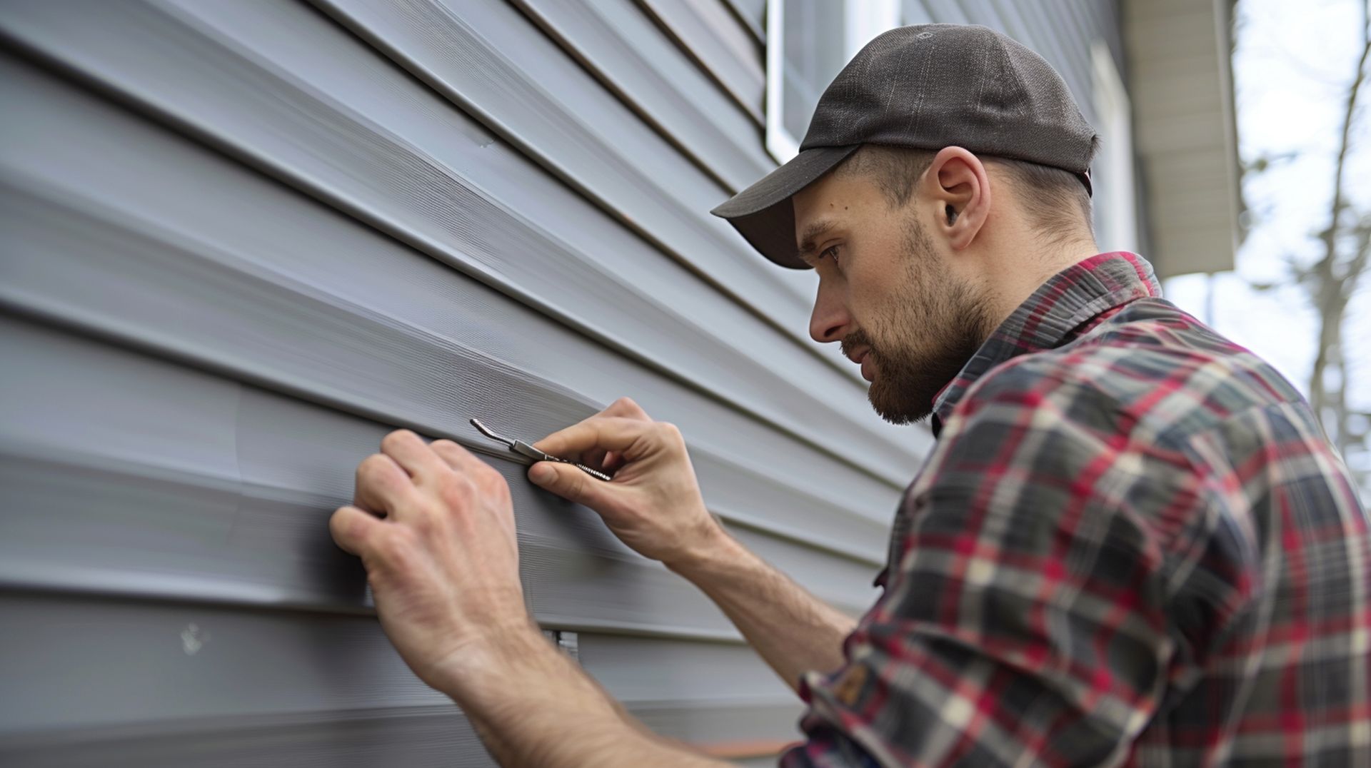 Man in flannel shirt fixing gray siding on a house.