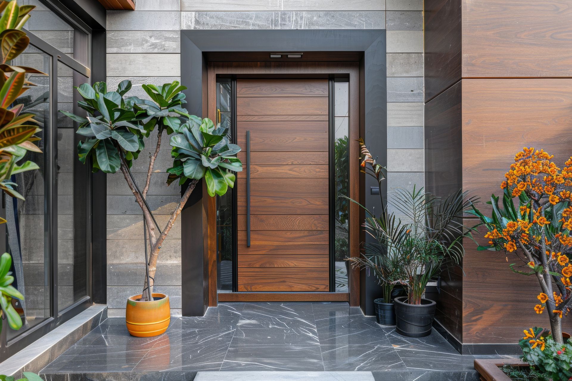 Modern home entryway with a brown door, stone walls, and potted plants.