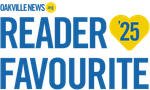 Oakville News Reader's Favourite logo, blue text with yellow heart and '25.
