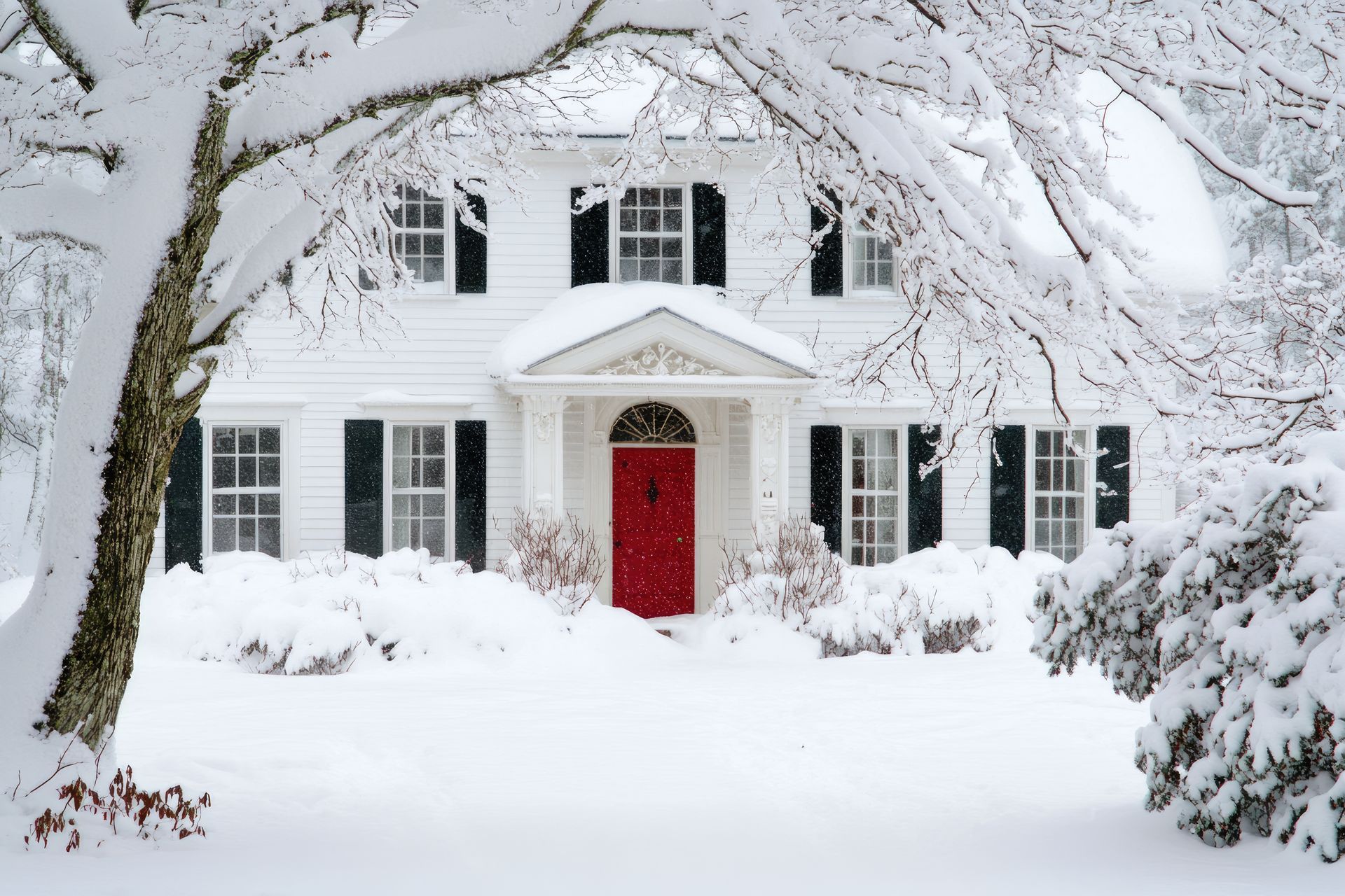 White house with black shutters, red door, and snow-covered trees and bushes in winter.