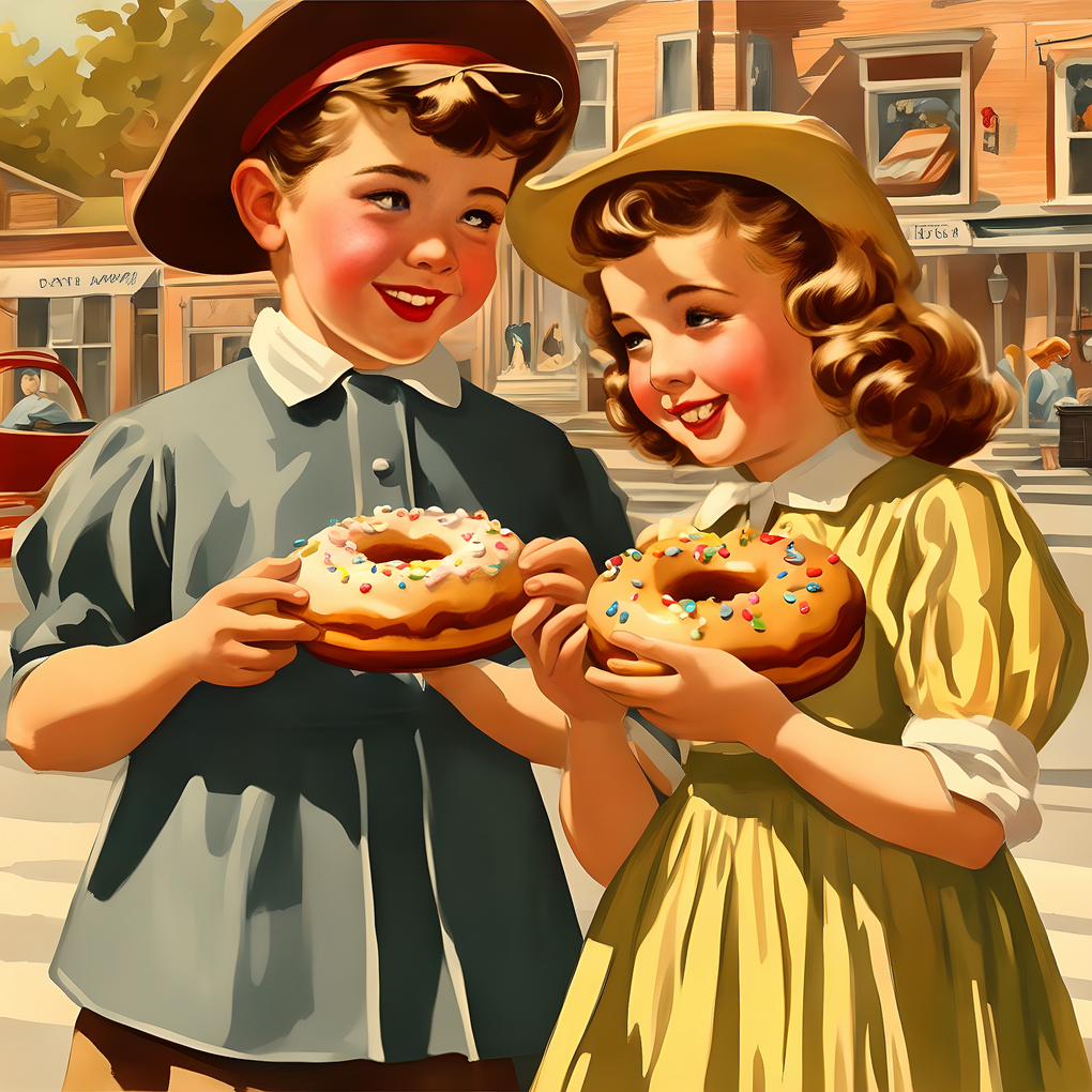 A boy and a girl are holding donuts in their hands