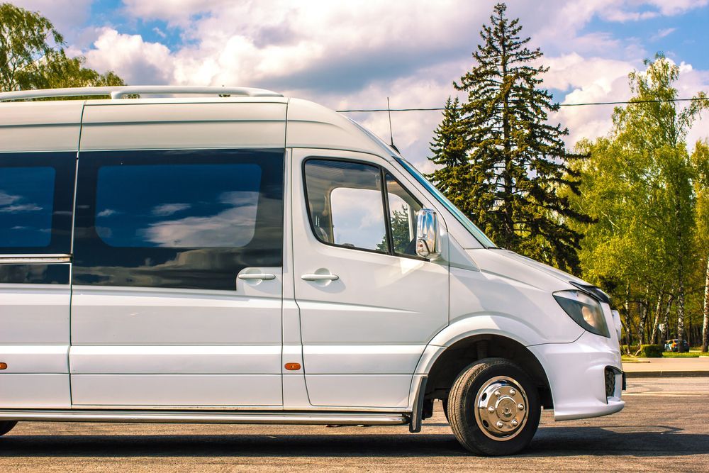 A side view of a white passenger van parked on an asphalt surface with trees and a cloudy sky in the background.