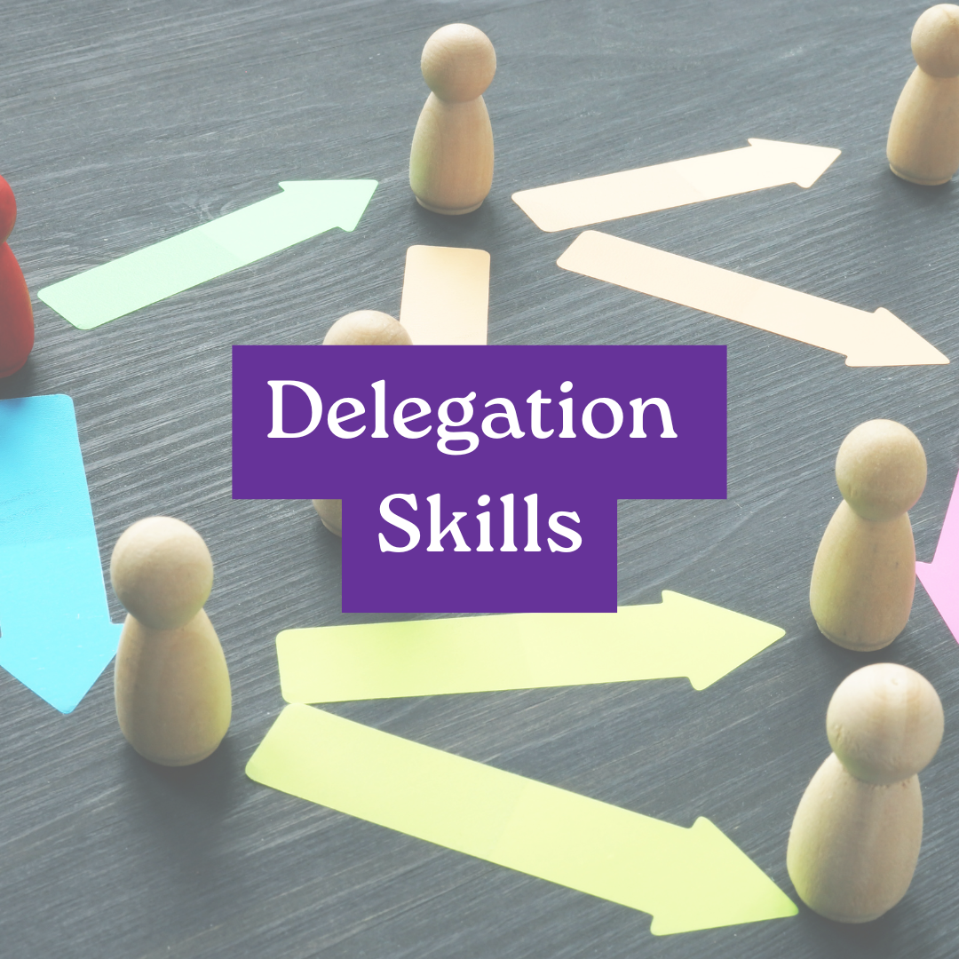 Wooden figures with arrows, illustrating delegation skills, purple text overlay