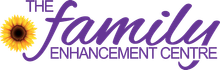 Logo for The Family Enhancement Centre: celebrating 20 years with a purple banner and sunflower.
