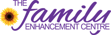 Logo for The Family Enhancement Centre: celebrating 20 years with a purple banner and sunflower.